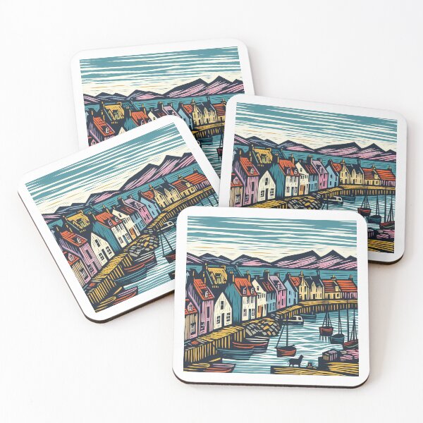 Item preview, Lino Cut Print Of Scottish Fishing Harbour designed and sold by EdgyEdgeArt.