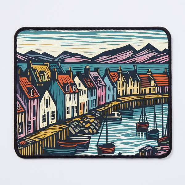 Item preview, Lino Cut Print Of Scottish Fishing Harbour designed and sold by EdgyEdgeArt.