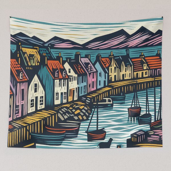 Item preview, Lino Cut Print Of Scottish Fishing Harbour designed and sold by EdgyEdgeArt.