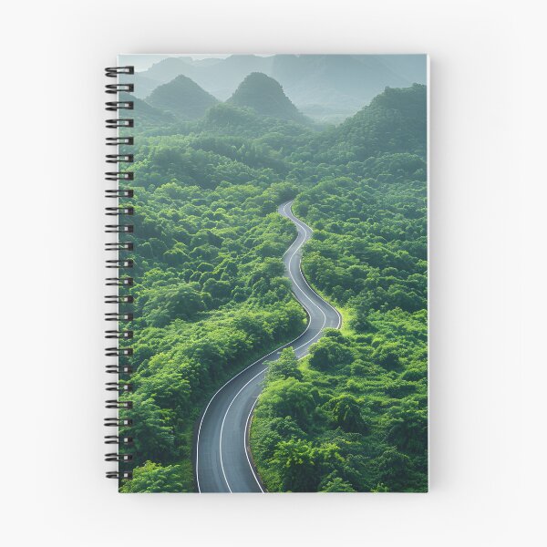 Item preview, an aerial view of a winding road cutting through dense, green forests designed and sold by artumbre.