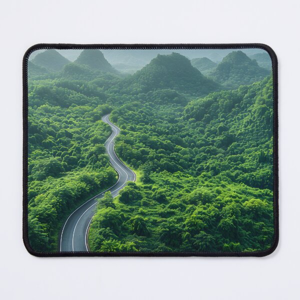 Item preview, an aerial view of a winding road cutting through dense, green forests designed and sold by artumbre.