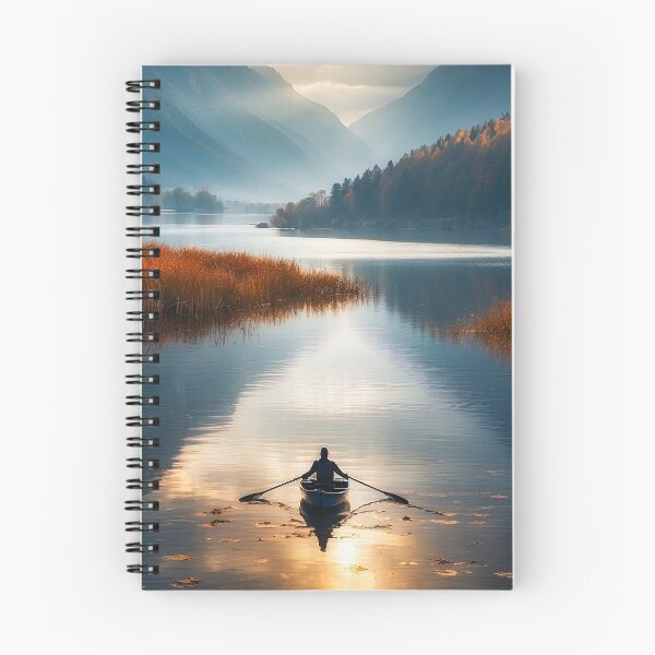 Item preview, Beautiful landscape with high mountain peaks next to a lake, boat on the water. Dark mode colors.  designed and sold by digoarpi.