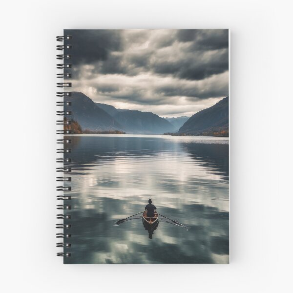 Item preview, Beautiful landscape with high mountain peaks next to a lake, boat on the water. Dark mode colors.  designed and sold by digoarpi.