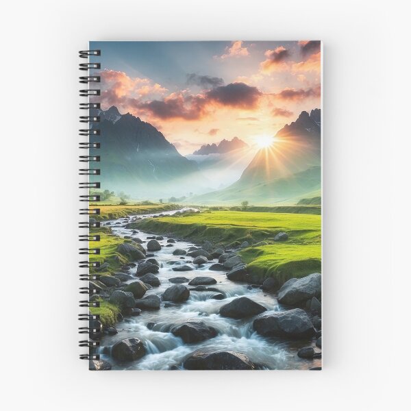 Item preview, Beautiful sunset landscape with high mountain peaks next to a small river. Dark mode colors.  designed and sold by digoarpi.