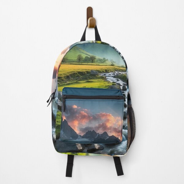 Item preview, Beautiful sunset landscape with high mountain peaks next to a small river. Dark mode colors. designed and sold by digoarpi.