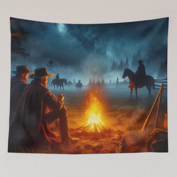 Item preview, Cowboys Sitting By Campfire Under Starry Night designed and sold by EdgyEdgeArt.
