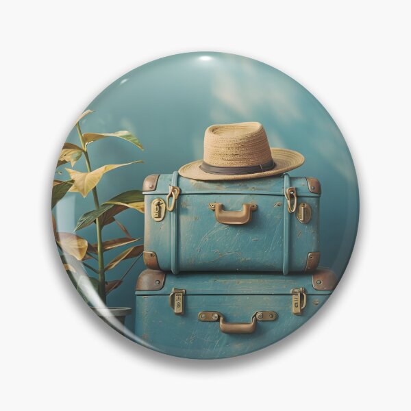 Item preview, A blue suitcase with a hat on top is next to a wooden signpost designed and sold by artumbre.