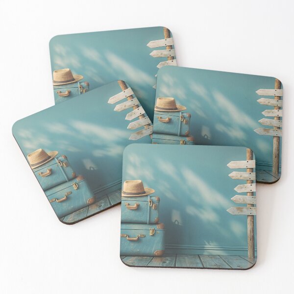 Item preview, A blue suitcase with a hat on top is next to a wooden signpost designed and sold by artumbre.