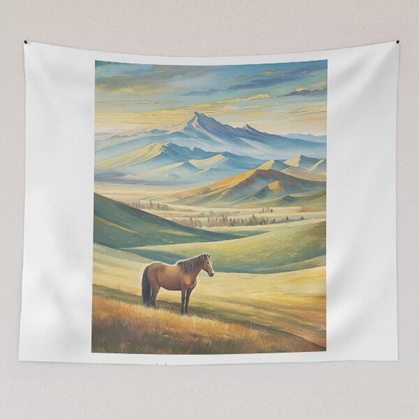 Aperçu de l'œuvre Affiche de voyage vintage - Cheval rétro minimaliste dans la steppe mongole créée et vendue par pod24.