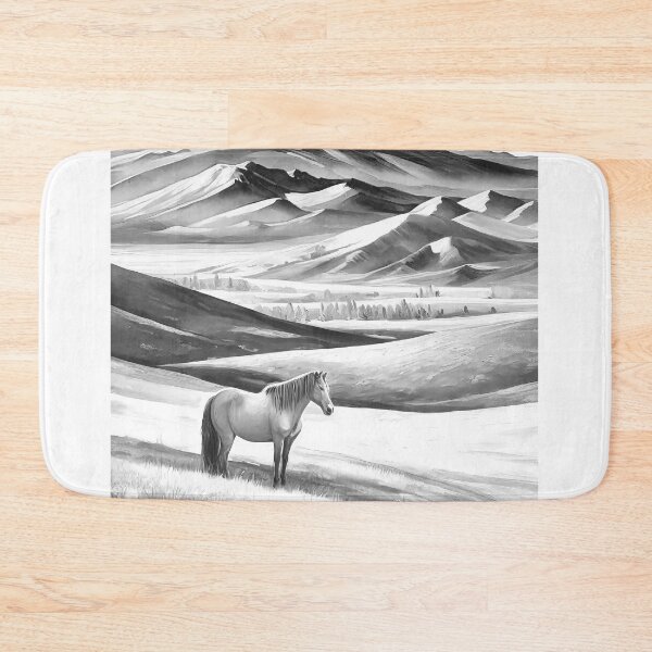 Artikelvorschau, Vintage-Reiseplakat - Minimalistisches Retro Pferd in der Mongolischen Steppe in Schwarz-Weiß entworfen und verkauft von pod24.