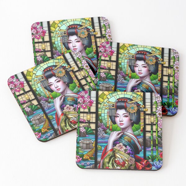 Item preview, Geisha Portrait Koi Pond Zen Garden in Stained Glass designed and sold by HippieFarms11.