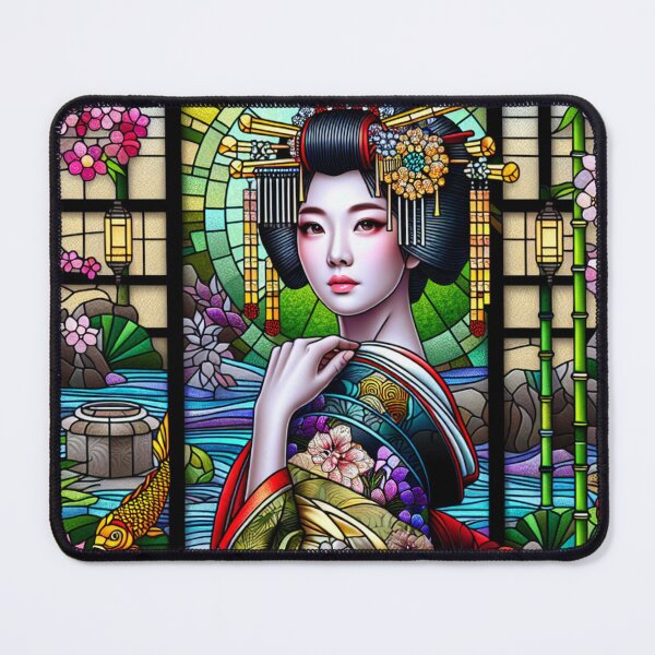 Item preview, Geisha Portrait Koi Pond Zen Garden in Stained Glass designed and sold by HippieFarms11.