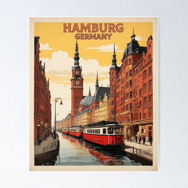 Item preview, Hamburg Germany Sunset Vintage Travel Poster Art designed and sold by TravelersGems.