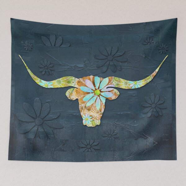 Artikelvorschau, Vieh tanzende Gänseblümchen Longhorn-Kuh-Kunst entworfen und verkauft von Sharon Cummings Art.