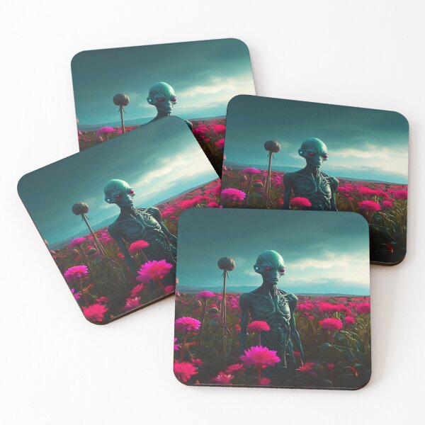 Item preview, Beautiful Turquoise Alien In Pink Flower Fields designed and sold by SassyArtistry.