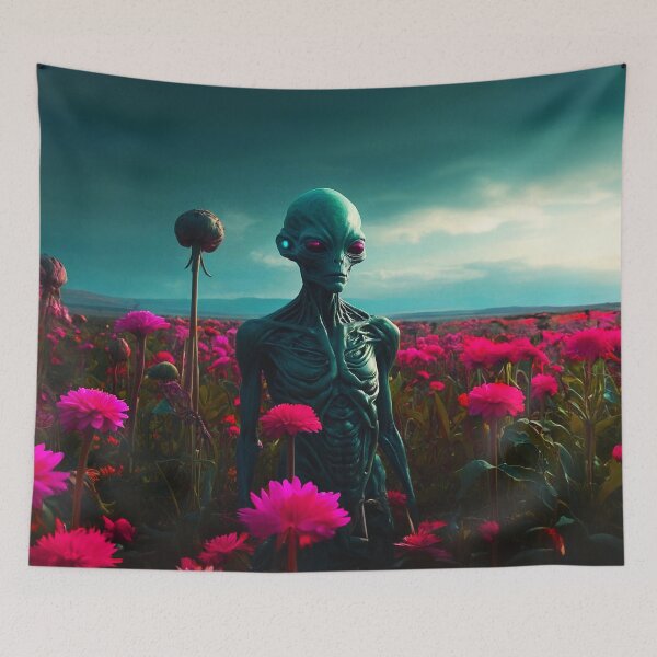 Item preview, Beautiful Turquoise Alien In Pink Flower Fields designed and sold by SassyArtistry.