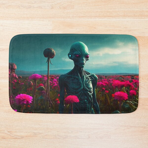 Item preview, Beautiful Turquoise Alien In Pink Flower Fields designed and sold by SassyArtistry.
