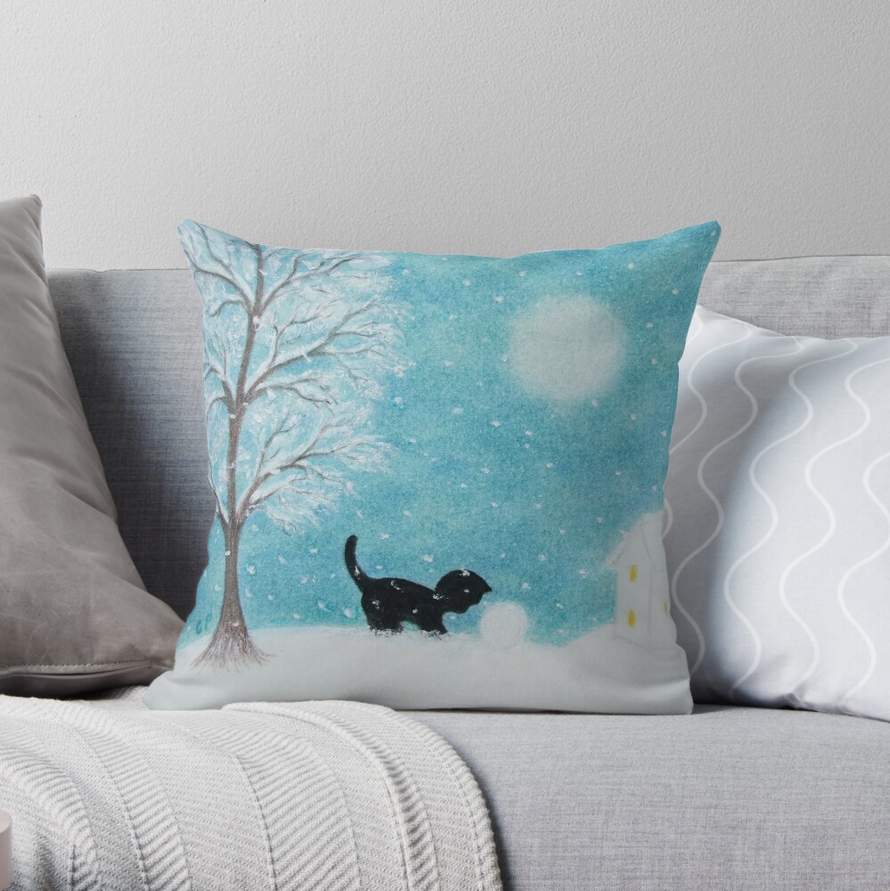 Sticker Chat Dans La Neige Chaton Et Boule De Neige Avec Arbre Et Lune Par Claudineperonne Redbubble