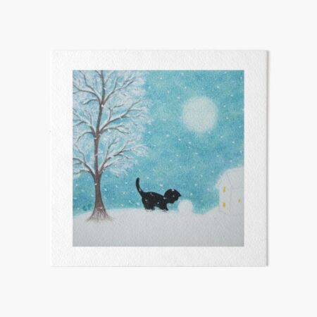 Artikel-Vorschau von Katze im Schnee: Kätzchen und Schneeball mit Baum und Mond, designt und verkauft von ClaudinesArt.