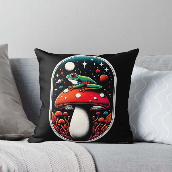 Item preview, frog mushroom psychedelic Pillows Cosmic designed and sold by PrintyArts.