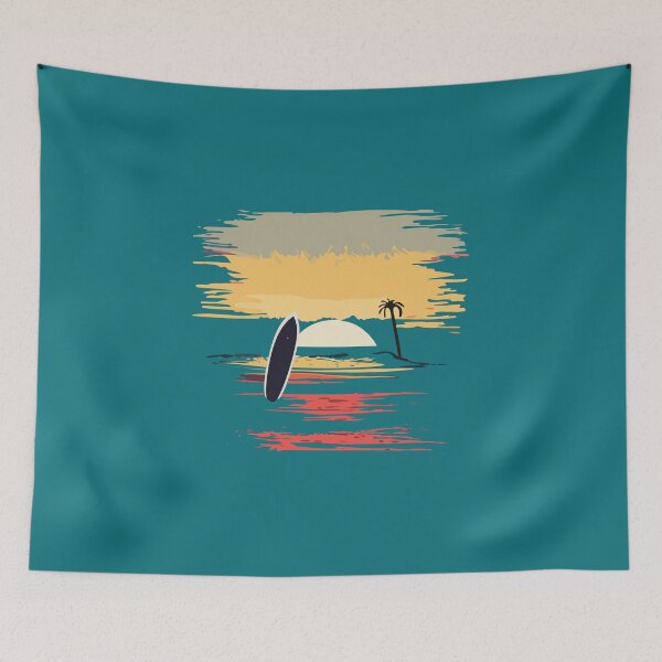 Item preview, t-shirt design featuring a sunset over the ocean with a surfboard silhouette in the foreground, detailed illustration, and watercolor style. designed and sold by ericrautenbach.