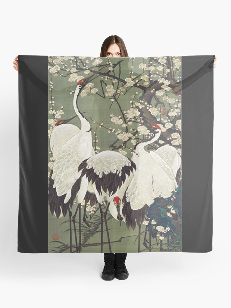 Silk Scarf - Grey, Pink, Black (Chrysanthemums & Cranes)