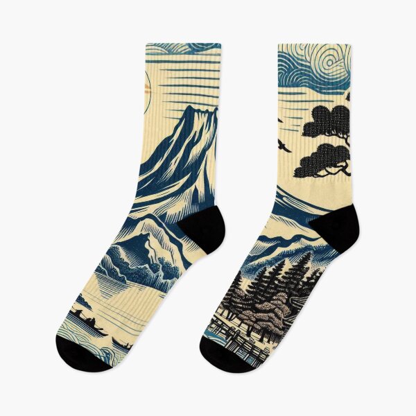 Item preview, Japanes Woodblock, Blue Mountains, Boats Fishing designed and sold by EdgyEdgeArt.