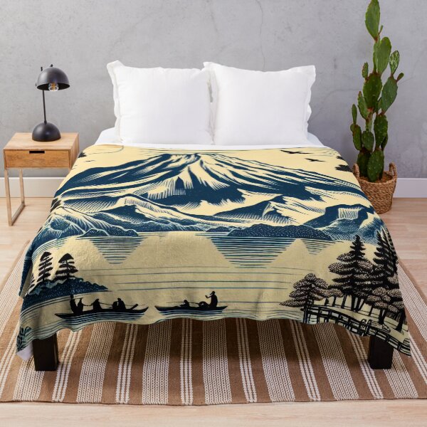 Item preview, Japanes Woodblock, Blue Mountains, Boats Fishing designed and sold by EdgyEdgeArt.
