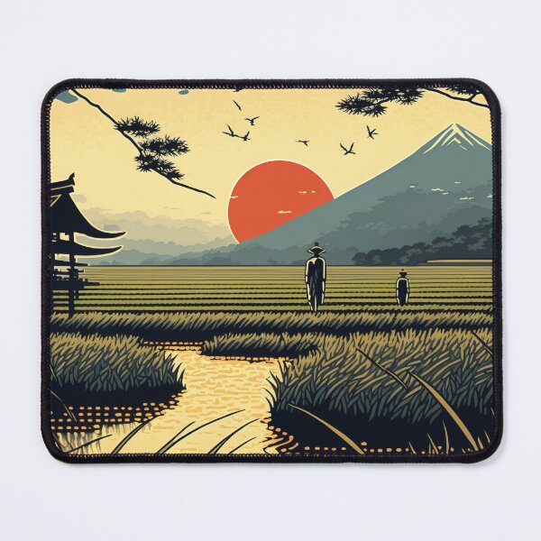 Item preview, Rising Sun in Japanese Ricefield Landscape - Woodblock Art designed and sold by AdamesArtStudio.