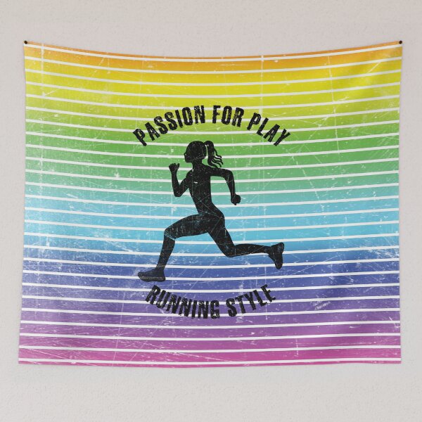 Item preview, Black silhouette of a running woman against the background of rainbow stripes designed and sold by HarridanCreates.