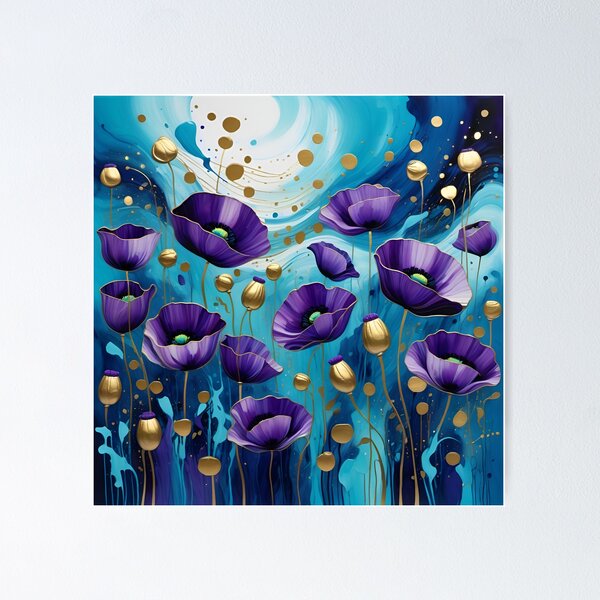 Item preview, Purple Poppies Flowers Blue Gold Watercolor Acrylic designed and sold by ShaViArt.