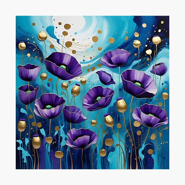 Item preview, Purple Poppies Flowers Blue Gold Watercolor Acrylic designed and sold by ShaViArt.