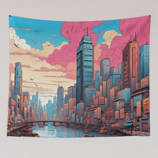 Item preview, Sunset Hues over Technicolor Urban Dreamscape designed and sold by ArtComixHaven.