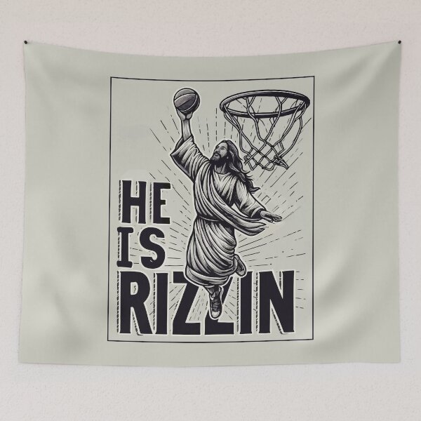 Item preview, He Is Rizzin Funny Basketball Retro Jesus Christ designed and sold by TomFrontierArt.