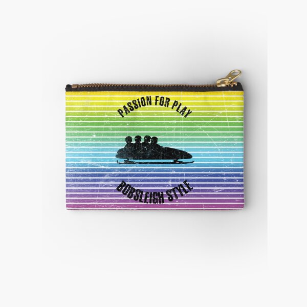 Item preview, Black silhouettes of four men in bobsleigh against the background of rainbow stripes designed and sold by HarridanCreates.
