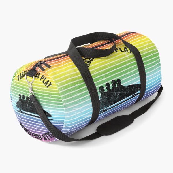 Item preview, Black silhouettes of four men in bobsleigh against the background of rainbow stripes designed and sold by HarridanCreates.