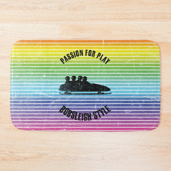 Item preview, Black silhouettes of four men in bobsleigh against the background of rainbow stripes designed and sold by HarridanCreates.