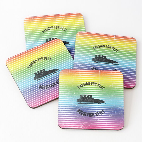 Item preview, Black silhouettes of four men in bobsleigh against the background of rainbow stripes designed and sold by HarridanCreates.