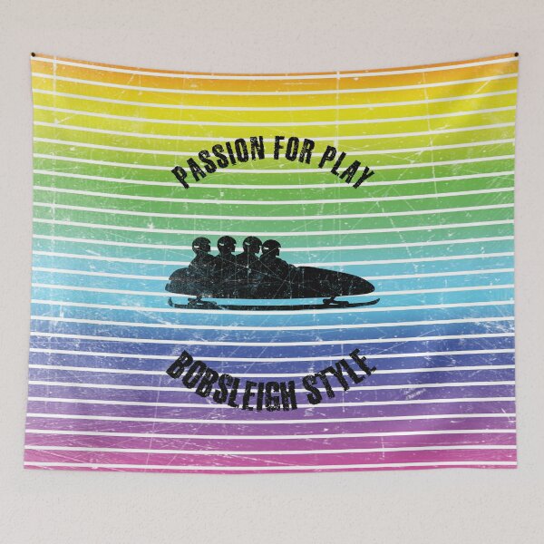 Item preview, Black silhouettes of four men in bobsleigh against the background of rainbow stripes designed and sold by HarridanCreates.