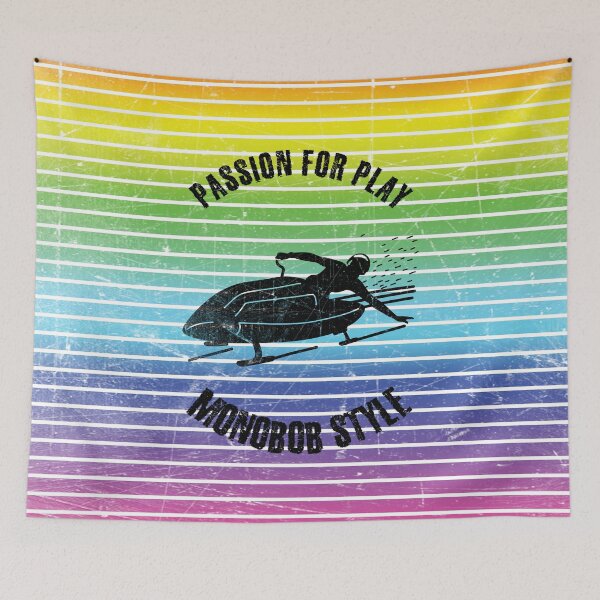 Item preview, Black silhouette of an athlete practicing monobob against the background of rainbow stripes designed and sold by HarridanCreates.