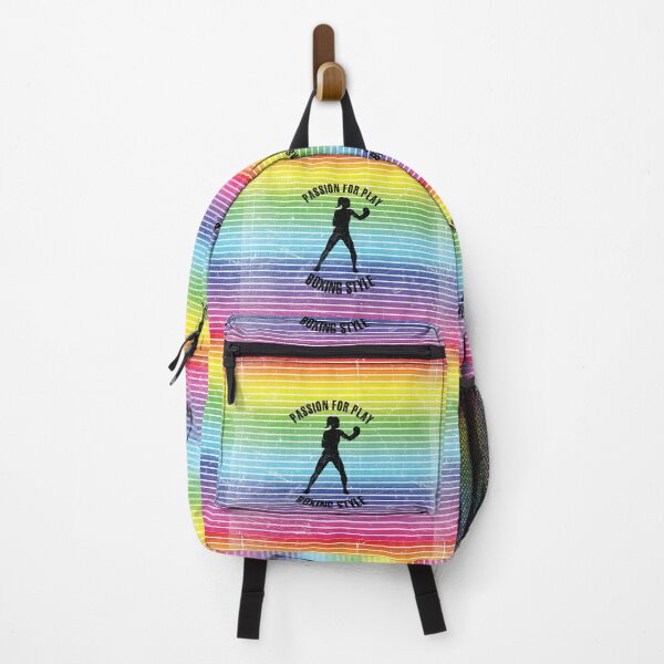 Item preview, Black silhouette of a woman training boxing against the background of rainbow stripes designed and sold by HarridanCreates.