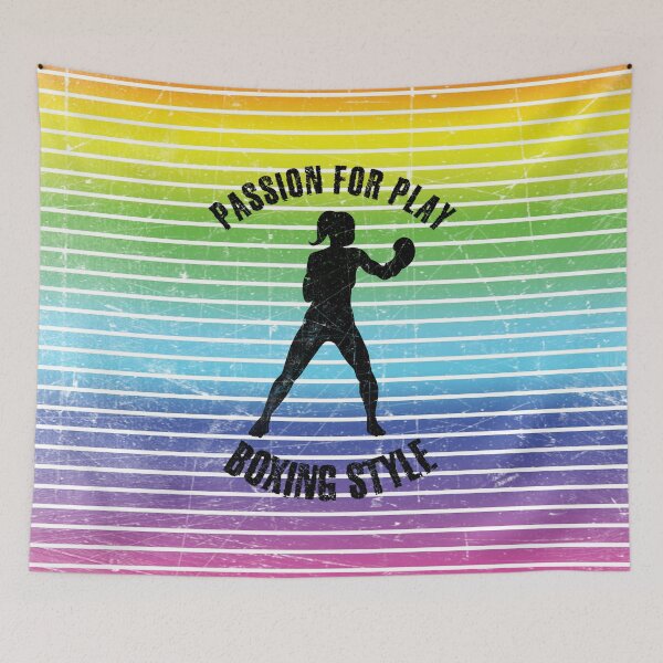 Item preview, Black silhouette of a woman training boxing against the background of rainbow stripes designed and sold by HarridanCreates.