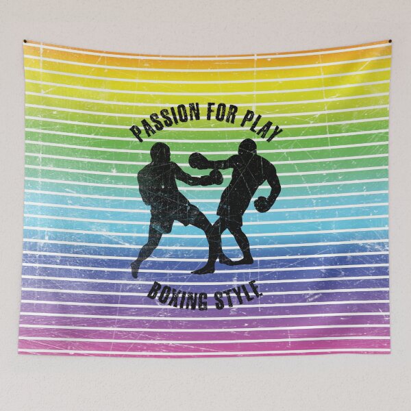 Item preview, Black silhouettes of men training boxing against the background of rainbow stripes designed and sold by HarridanCreates.