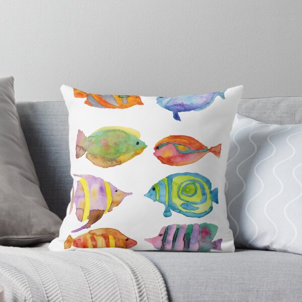 Watercolor Colorful Tropical Fish Throw Pillow
