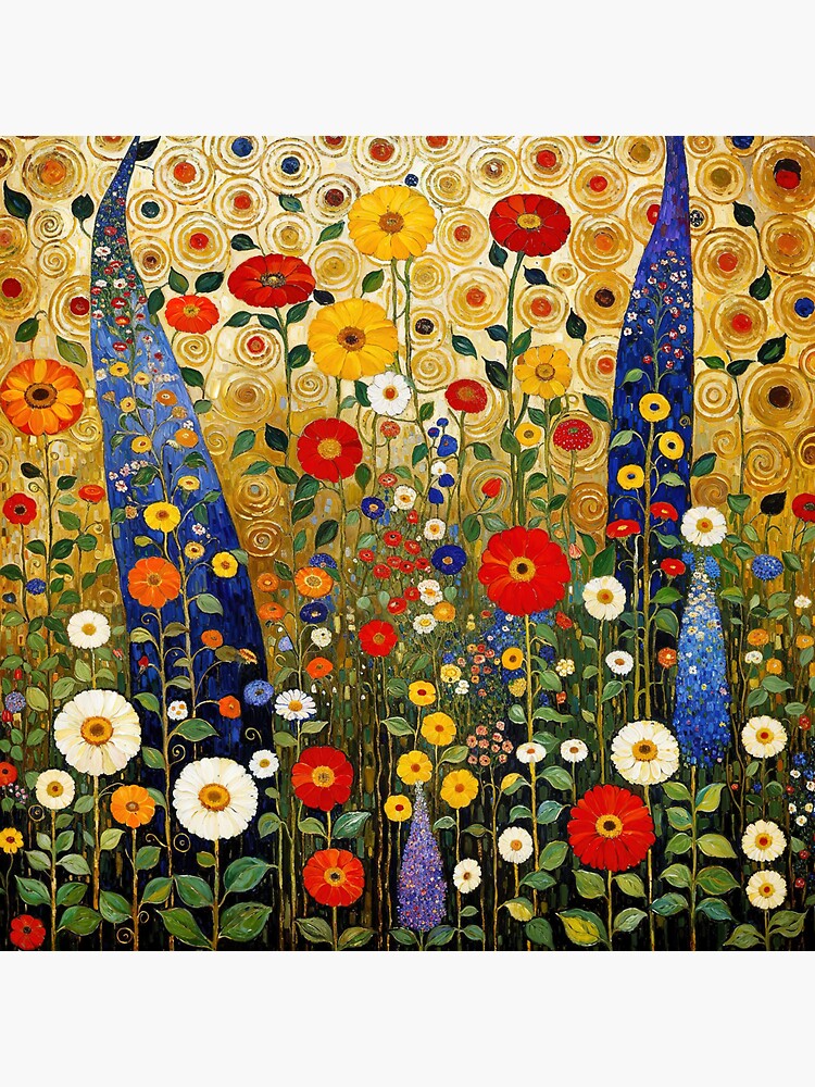 Aperçu 3 sur 3. Sticker avec l'œuvre Jardin de fleurs Gustav Klimt créée et vendue par maniacfitness.