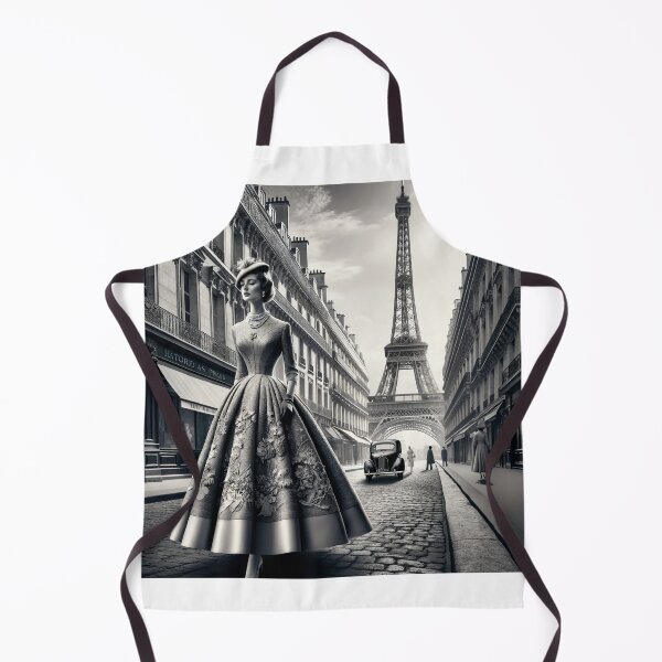 Item preview, Woman walking on a vintage Paris street in the 1950s, wearing an elegant haute couture dress designed and sold by AndreaMart.