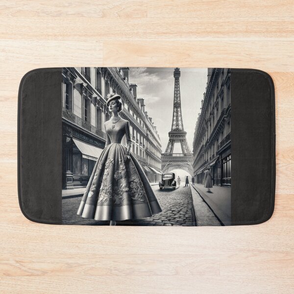 Item preview, Woman walking on a vintage Paris street in the 1950s, wearing an elegant haute couture dress designed and sold by AndreaMart.