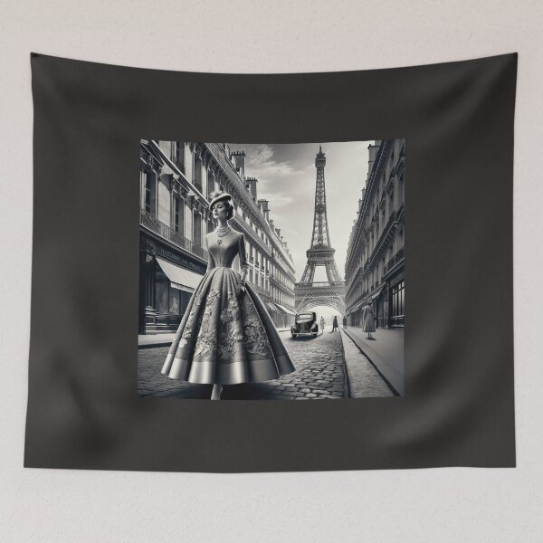 Item preview, Woman walking on a vintage Paris street in the 1950s, wearing an elegant haute couture dress designed and sold by AndreaMart.