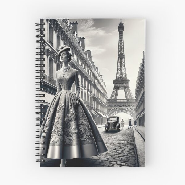 Item preview, Woman walking on a vintage Paris street in the 1950s, wearing an elegant haute couture dress designed and sold by AndreaMart.