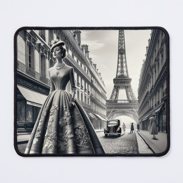 Item preview, Woman walking on a vintage Paris street in the 1950s, wearing an elegant haute couture dress designed and sold by AndreaMart.